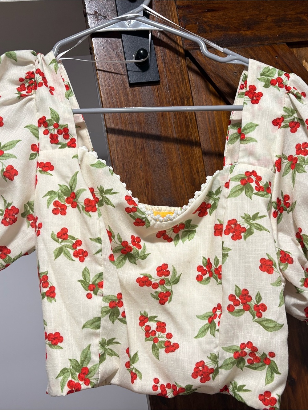 Flying Tomato Cream Crop Top with Red Cherry Print
